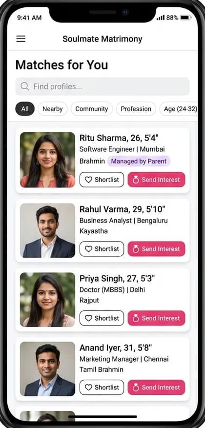 Hinge-Style Dating App - Matchmaker / family access — app screen designed by CloneAppTech