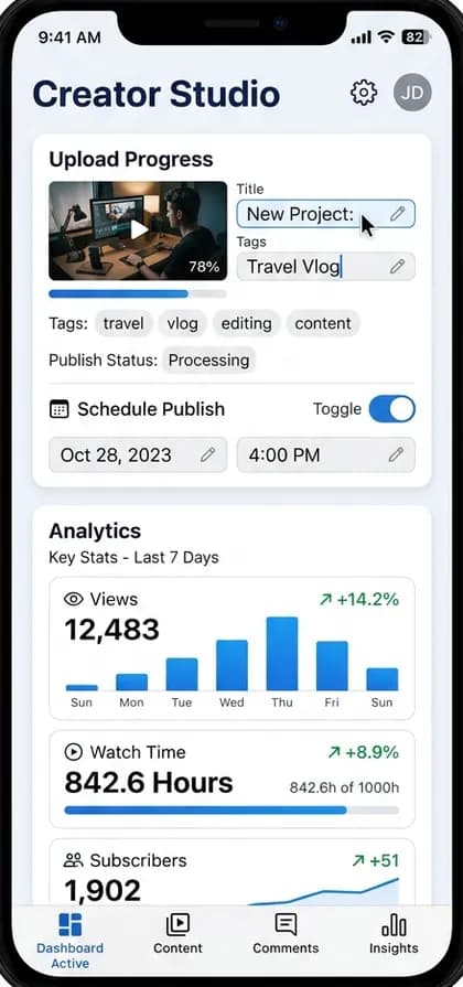 Video Podcast App - Creator / content team — app screen designed by CloneAppTech
