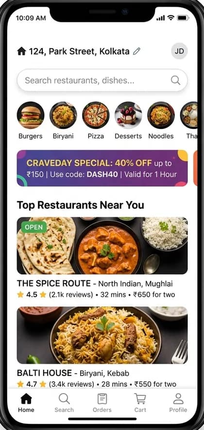Food Delivery & Restaurants customer app — app screen designed by CloneAppTech