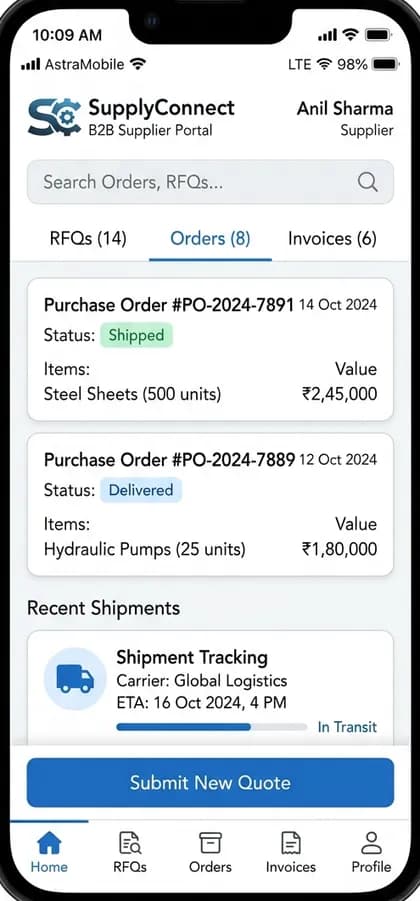 Factory Management App - Buyer / supplier portal — app screen designed by CloneAppTech