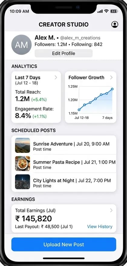 Snapchat Clone App - Creator tools — app screen designed by CloneAppTech