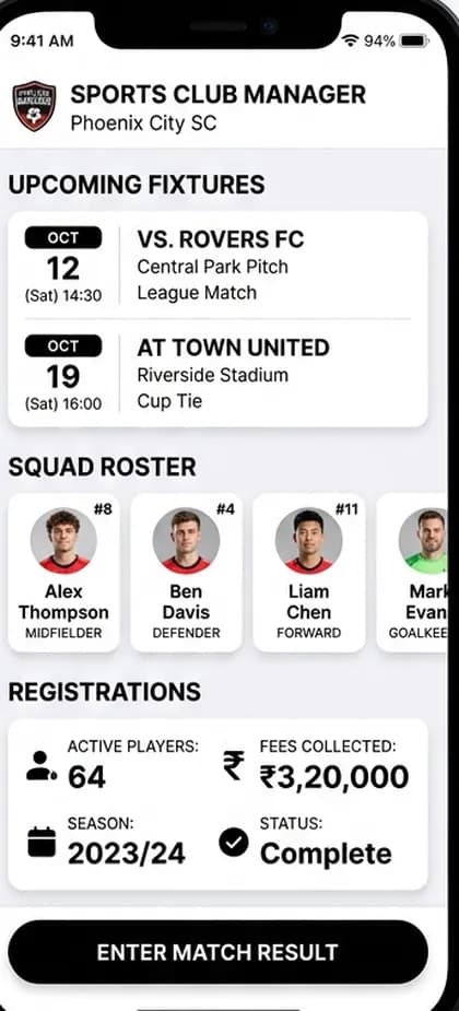 Fantasy Football App - Club / organiser app — app screen designed by CloneAppTech